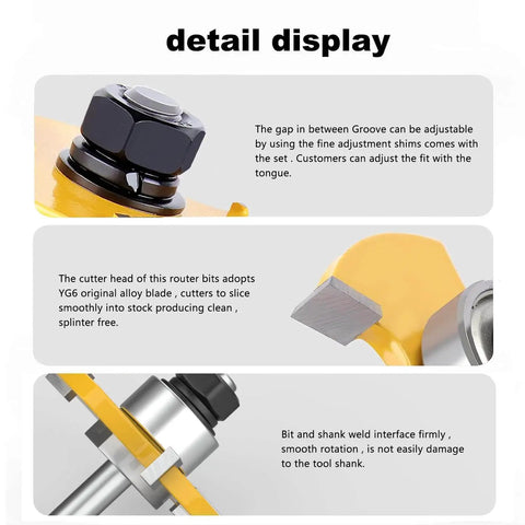 Detail display of Tongue And Groove Router Bit Set For One Quarter Inch Shank, Two Pack with cutting depth features.