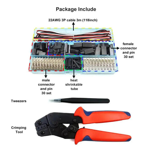 Pro RC Servo Connector Kit with Crimp Tool and Tweezers, 30 male and 30 female pins, 3m of 22AWG cables, DIY extensions and repairs