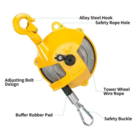 Heavy Duty Pro Grade Spring Balancer Tool With Adjustable Tension Retractable Steel Wire Cable For Garage And Workshop 3 To 5 Kg Capacity Seven To Eleven Pounds Hanging Equipment Fixture with alloy steel hook and safety features