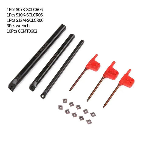 SCLCR Lathe Boring Bar Kit with 10 CCMT0602 Inserts, 3 Wrenches for CNC Machines, SHB Boring Bar, displayed on white background.