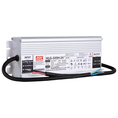 320W 24V DC LED Driver And Power Supply With Dual CV And CC Output, IP67 Waterproof, UL Recognized, side view with cables