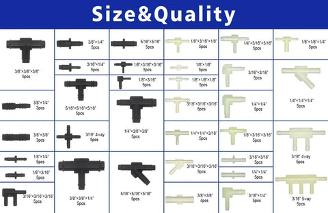 Automotive Vacuum Tubing Connector Kit With 34 Sizes And 165 Pieces, detailed chart of vacuum tee connectors and hose fittings