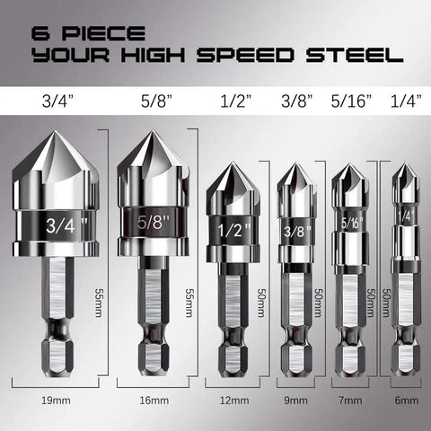 Pro Grade M35 Cobalt Countersink Drill Bit Set For Metal Wood Stainless Steel, six piece countersink bits sizes 3/4 to 1/4 inch