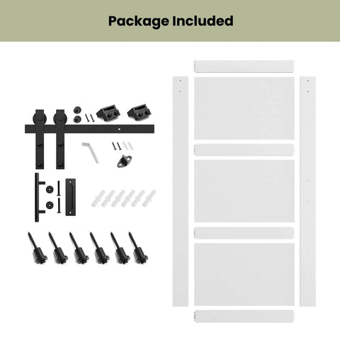 84 Inch Wide White Sliding Barn Door With Waterproof PVC Surface 3 Panel Solid MDF Construction Pre Drilled Holes Easy Assembly No Fuss Install Includes 8 Foot Hardware Track Kit And Handle, showing door parts and hardware kit.