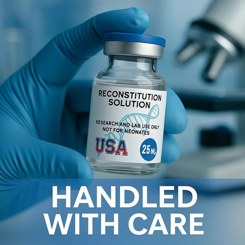 25 ml glass reconstitution solution vial with blue cap, held by a blue-gloved hand in a lab
