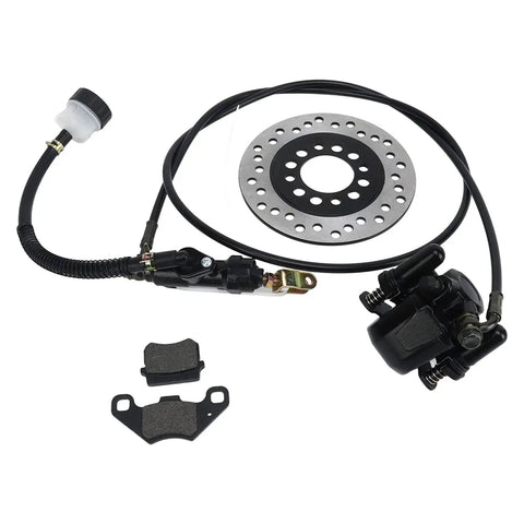 Hydraulic disc brake kit for dirt bikes/ATVs, universal fit; includes rotor, master cylinder, hose, and two brake pads (Amazon).