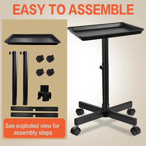 Height Adjustable Rolling Salon Tray on Wheels with Multi Level Height Range from 28 to 44 Inches, showing assembly parts and wheels