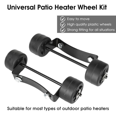 Eyoloty Universal Patio Heater Wheel Kit; black metal brackets with four wheels for easy moving outdoor propane heaters.