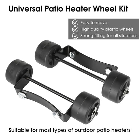 Universal Patio Heater Wheel Kit for Easy Mobility for Gas Propane Heaters with Round Base and Pyramid Styles, heavy-duty plastic wheels.