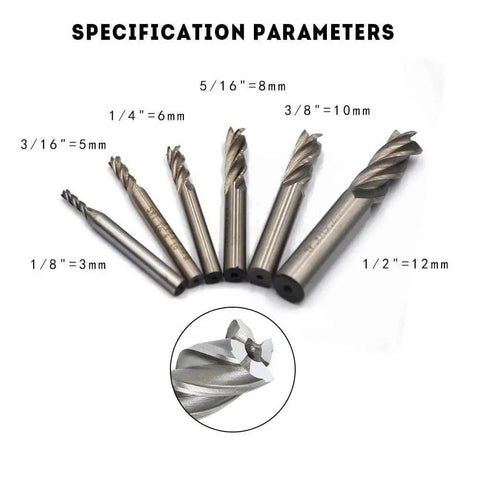 Pro Grade High Speed Steel End Mill Cutter Set Of Six With Four Flute Straight Bits for hard metals and DIY milling, sizes 1/8" to 1/2"