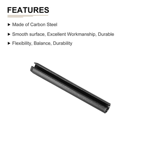 Six Millimeter By Fifty Millimeter Slotted Spring Pin Pack Of 20 Black 65Mn Steel Roll Dowel, side view with features listed