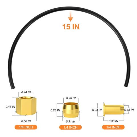 GASHER 15-inch air compressor unloader tube kit with black tube and gold 1/4 inch sleeve ferrule fittings