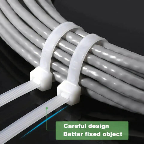 Close-up of 18 Inch Zip Ties Heavy Duty 60 Pound Cable Ties 100 Pack Outdoor UV Resistant Nylon Ties securing cables.