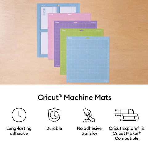 StandardGrip 12x12 Cutting Mat Pack for Explore and Maker Machines, 6 Pack displayed in various colors on wooden surface