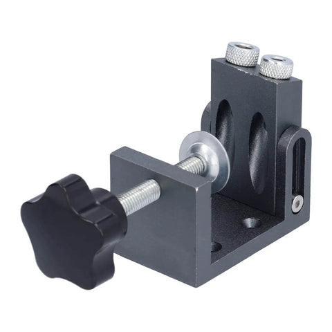 Close-up of 52 Pcs Oblique Pocket Hole Jig Kit with 15 Degree Adjustable Drilling Locator showing self-tightening clamp.