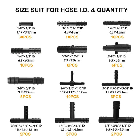 Size chart for 105 Piece Automotive Vacuum Connector Kit With 12 Sizes From 1 8 Inch To 3 8 Inch Nylon Vacuum Tubing Connectors