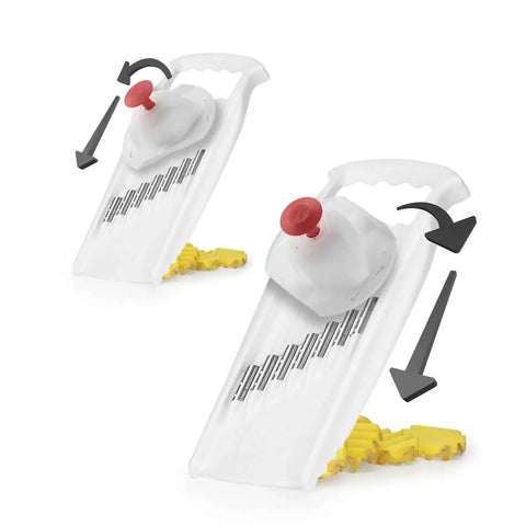 Premium XXL Wave Waffle Crinkle Cutter For Vegetables And Potatoes PowerLine White By Börner, showing slicing process