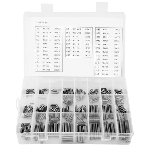 280 Pieces Roll Pin Set M1.5 M2 M2.5 M3 M4 M5 M6 M8 Stainless Steel With Box Slotted Spring Pins Assortment Kit visible inside box