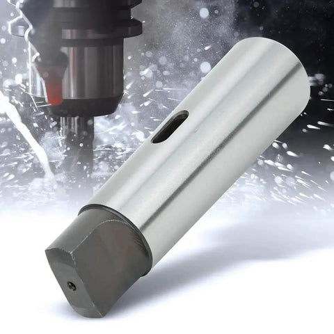 Angled view of taper reducing adapter drill sleeve MT5 to MT2, silver finish, precision machined for industrial use