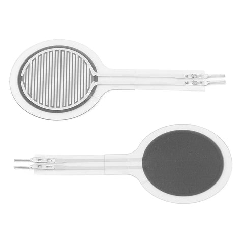 Force sensitive resistor, thin-film pressure sensor 0–50 kg, round disk with striped front and dark back, two leads.