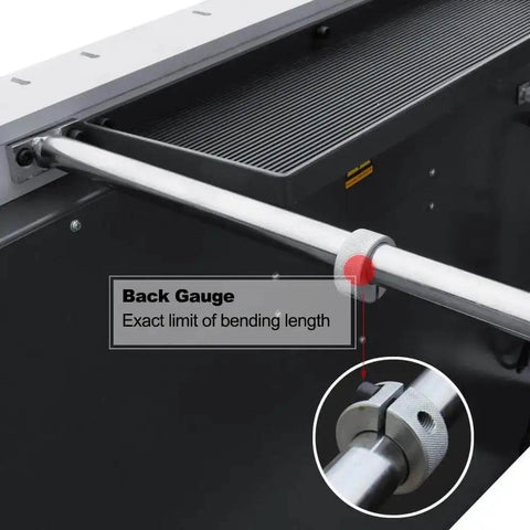 Close-up of back gauge on Pro Grade 48 Inch Magnetic Box And Pan Sheet Metal Brake with focus on bending length limit adjustment.