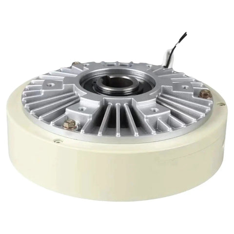 Magnetic powder brake clutch, front view; silver cooling fins, beige housing, central bore, wired connection.
