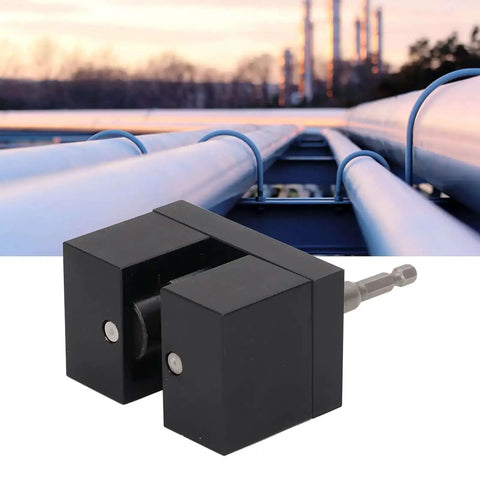 Portable Impact Power Assisted Crimper For Duct And Pipe in front of industrial pipes.