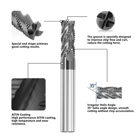 Beast 1/4 Inch Solid Carbide Roughing End Mill With 4 Flute Square End For CNC Milling, AlTiN Coated, various features annotated
