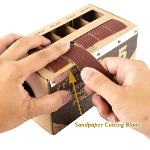 Hand using Sanding Strip Kit With Dispenser, 5 Grit Range 150 240 320 400 600 Rolls For Woodturners, Furniture Repair