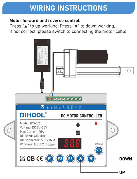 DIHOOL DC motor controller IPS-S2 for linear actuator with wiring instructions and power adapter.