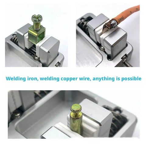 Pro Grade Soldering Station Wire Clamp Fixture Table for Stable Circuit Board Assembly showing close-up of aluminum jaw with wire