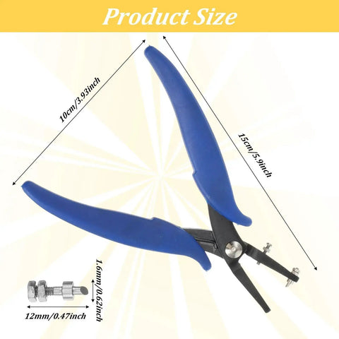 One Sixteenth Inch Round Hole Punch Pliers For Sheet Metal And Leather Crafting with blue handles, product dimensions shown