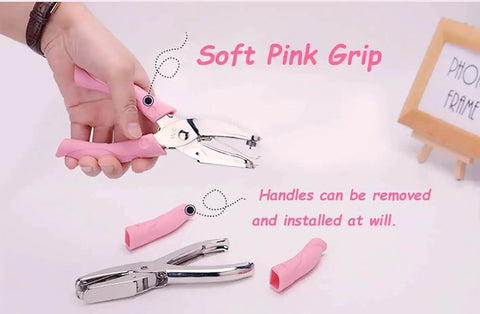 Handheld Paper Hole Punch With Pink Leather Cover, 6.3 Inch Overall Length, One Sixteenth Inch Hole Diameter, soft pink grip