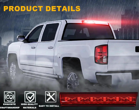 G-PLUS red lens LED 3rd brake light with chrome housing for pickup trucks; product image and installed view