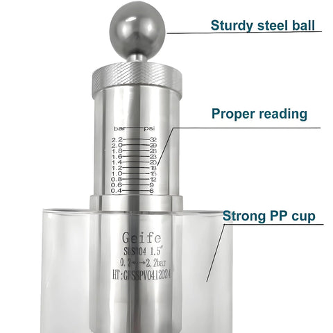 Geife 1.5in tri-clamp spunding valve with TC diaphragm gauge, SS304 stainless steel, adjustable 0.2–2.2 bar/psi, close-up view
