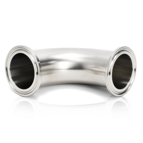 Stainless steel sanitary elbow fitting with 2 in tube OD and 90-degree tri-clamp ferrule ends