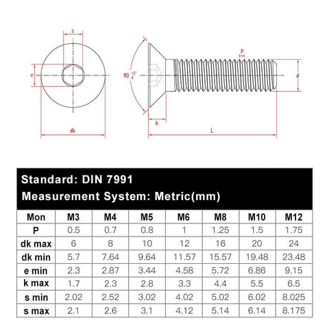Diagram of Beefy Flat Head Socket Cap Screws M6 x 12mm Countersunk, DIN7991, 304 Stainless Steel 18-8 specifications and dimensions.