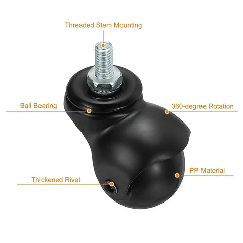 1.56 Inch Ball Caster Wheels Set Of 4 With Threaded Stem 360 Degree Movable Rotatable Castors For Furniture PP And Metal Construction In Electrophoretic Black Finish.