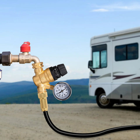 Front view of Gickbusus RV water pressure regulator valve with gauge, brass finish, for campers