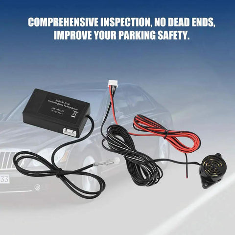 Universal car parking sensor kit by Amazon; black control module, wiring harness, and small buzzer speaker