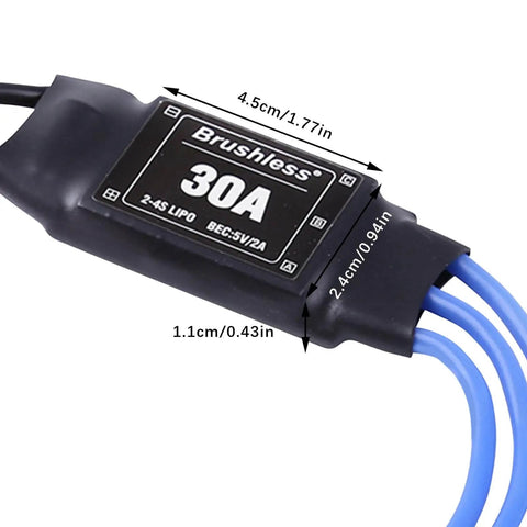 Close-up of Two Pack 30A Brushless ESC Speed Controllers With XT60 Connectors And 3.5mm Bullet Plugs For RC Drones Planes And Helis