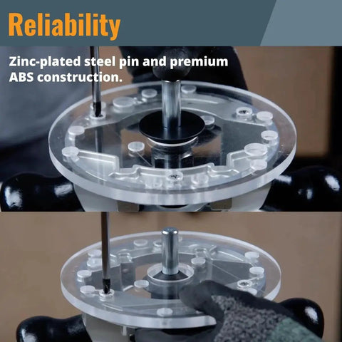 Router Centering Pin And Cone Set For Bosch Sub Bases With One Half Inch And One Quarter Inch Ends Pro Grade Calibrate Router Base Plates And Centering Template Guides For Precise Alignment On Routers And Accessories PowerTEC showing zinc-plated steel pin and ABS construction in use.