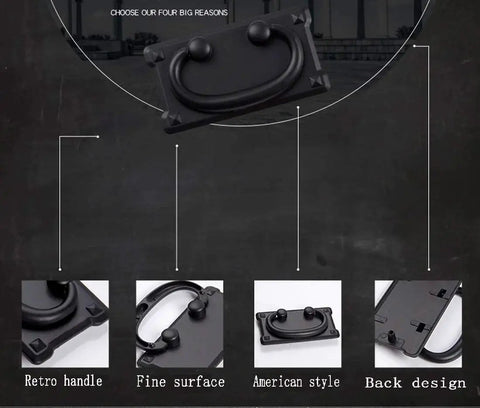 Six Pack Vintage Antique Bronze And Antique Black Drawer Ring Pull Handles, focus on retro design and fine surface details.