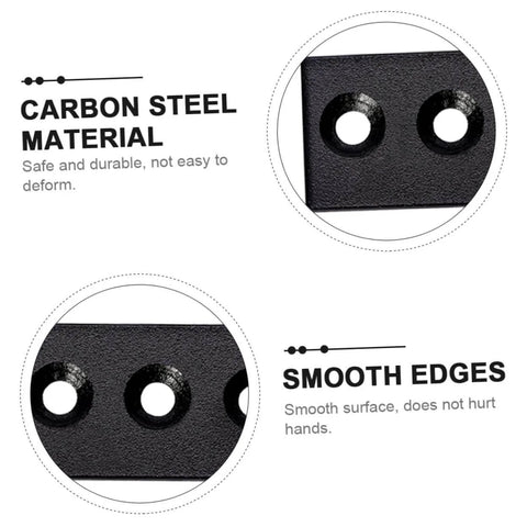Close-up of carbon steel mending plates with four holes highlighting smooth edges. Text emphasizes durability and safety.