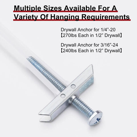 Heavy Duty Drywall Anchor Bolts Set For TV Mounting Kits Three Sixteenths Inch Bolts Stainless Steel Hollow Wall Anchors Holds Up To Two Hundred Forty Pounds On Half Inch Drywall 22 Pack displayed with size details