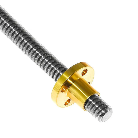 Close-up of T8 Lead Screw 1000mm Stainless Steel Rod With Brass Nut for DIY 3D Printer Z Axis, showing thread and brass nut detail.