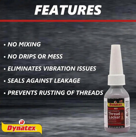 Red High Strength Thread Locker For Large Fasteners 0.34 Ounce Bottle with features listed on gray background