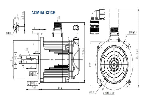 ACM1M-1313B servo motor with holding brake, 130 mm frame; front and side technical drawing