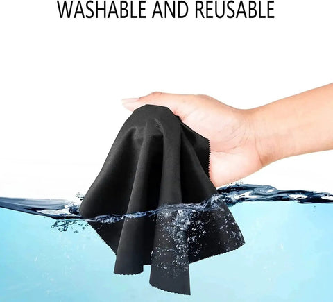 Hand holding black cloth from 12 Pack Microfiber Eyeglass Cleaning Cloths 6x7 Inches For Glasses And Screens in water, illustrating washability