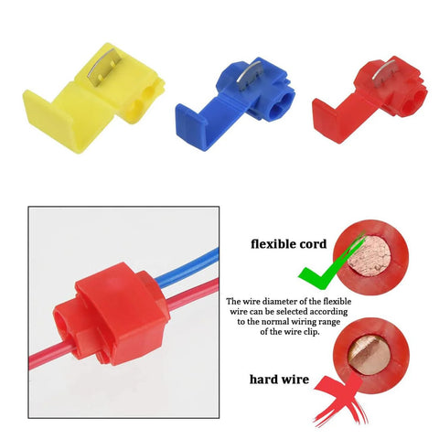 125pcs insulated quick-splice wire connectors set in yellow, blue, red for 22–10 AWG wires; front and close-up views.